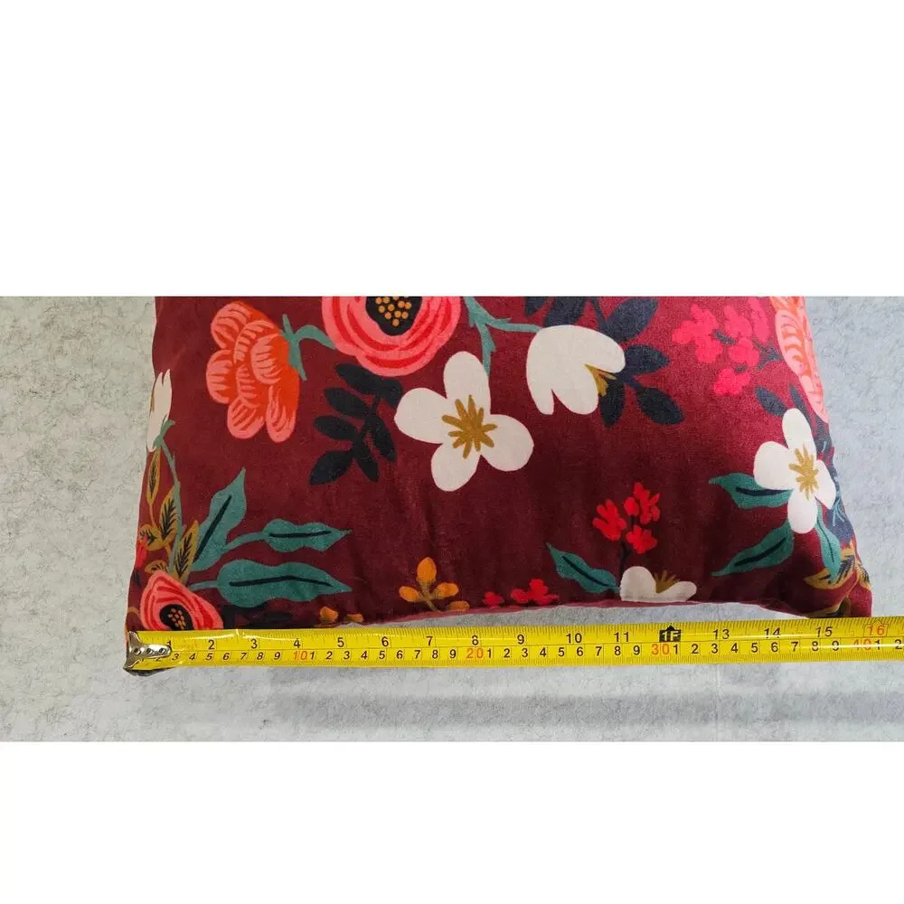 Rifle Paper Co x Loloi Velvet Floral Throw Pillow Burgundy Botanical Decor 16x16